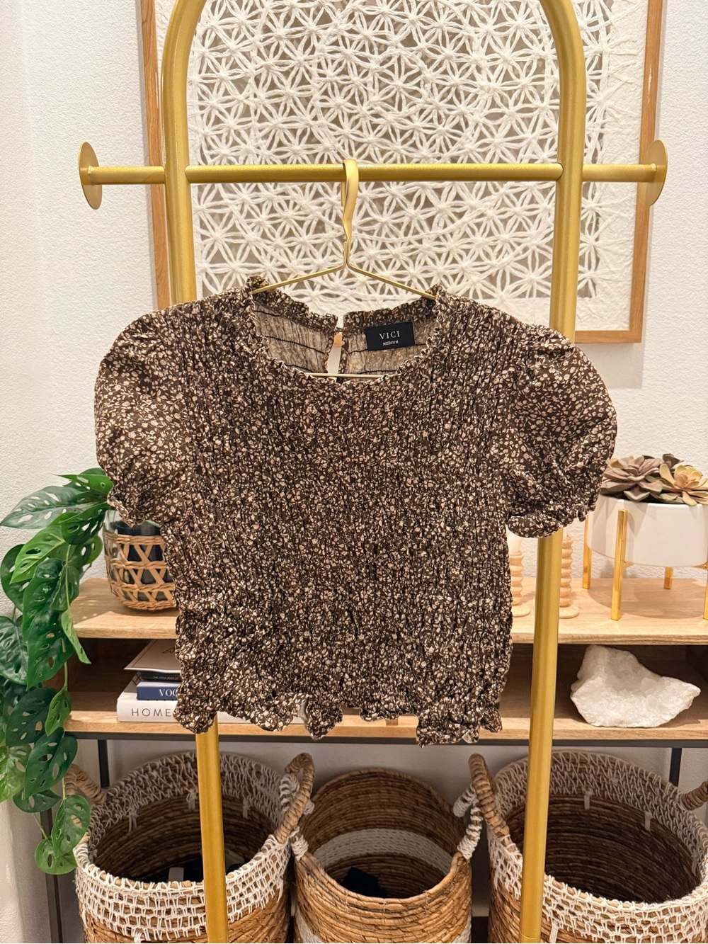 VICI Brown Floral Smocked Puff Sleeve Top